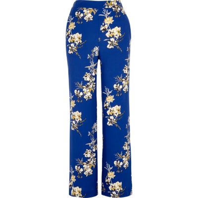Blue floral print wide leg trousers